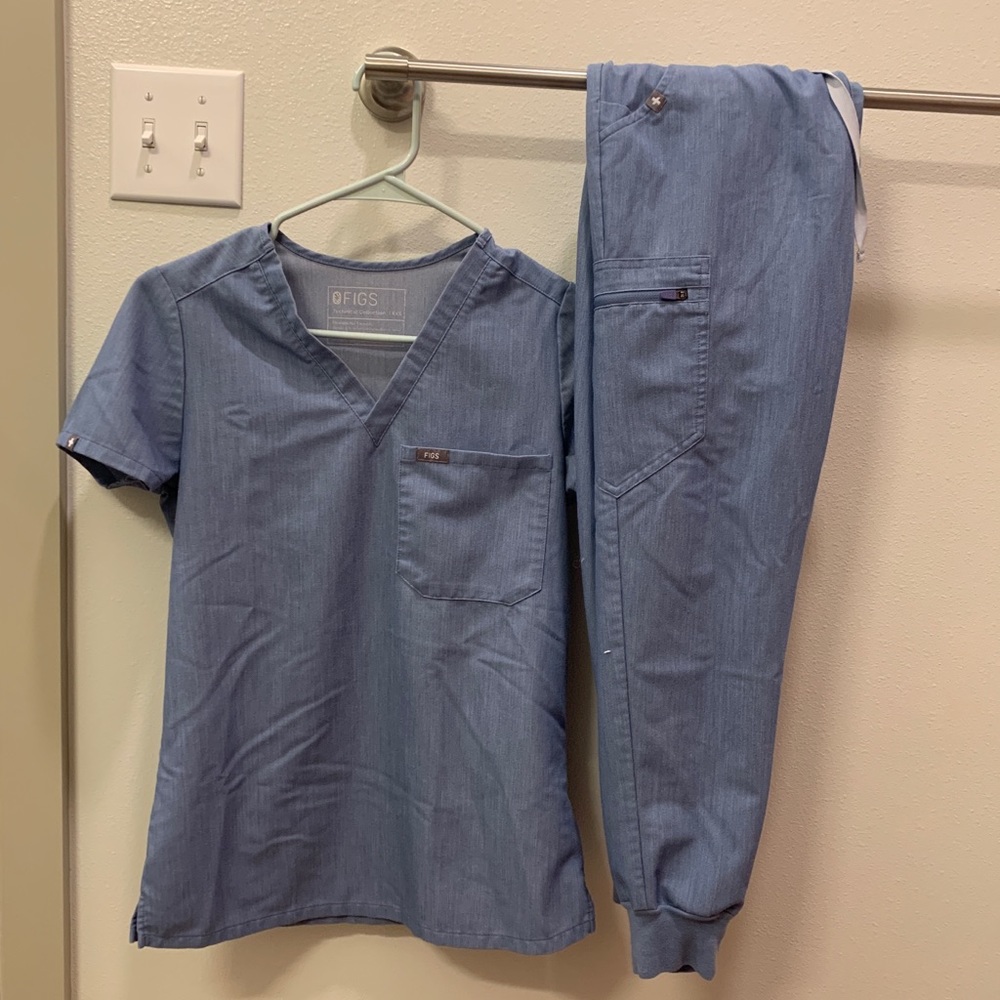 Heather Indigo FIGS set Catarina top XXS. High waisted Zamora joggers petite XXS